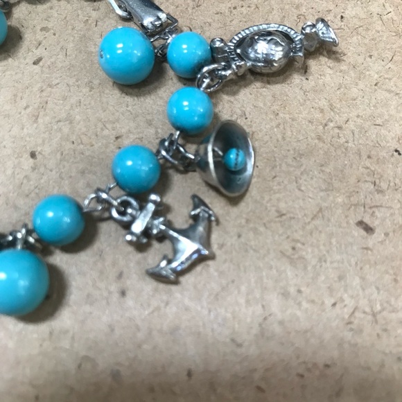 Vintage blue charm bracelet ship wheel bell seahorse anchor globe lighthouse - Picture 3 of 8